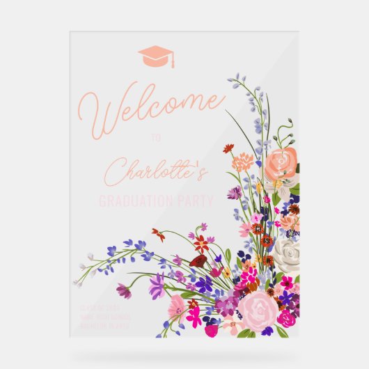 Modern chique wildflower script welkom afstuderen acryl bord (Voorkant)