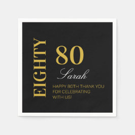 Modern chique zwart goud 80ste verjaardagsfeestje servet