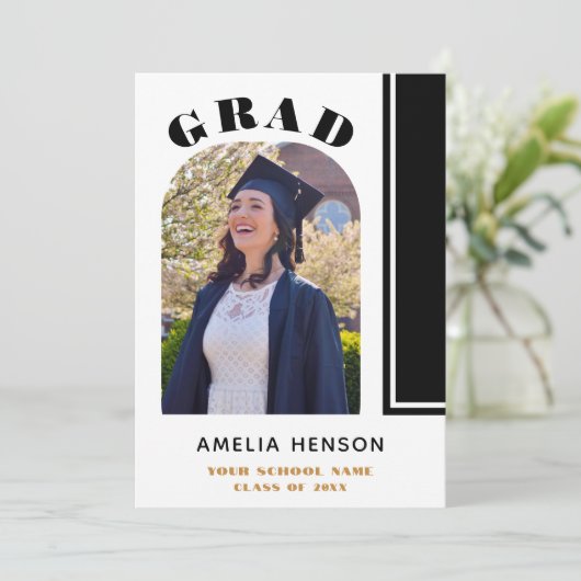 Modern chique zwart wit Afstudeerder foto Afstuder Kaart (Staand voorkant)