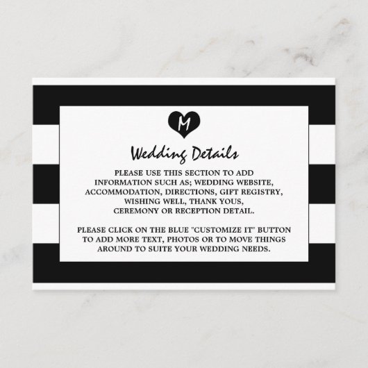 Modern chique zwart & wit bruiloft detail informatiekaartje (Voorkant)