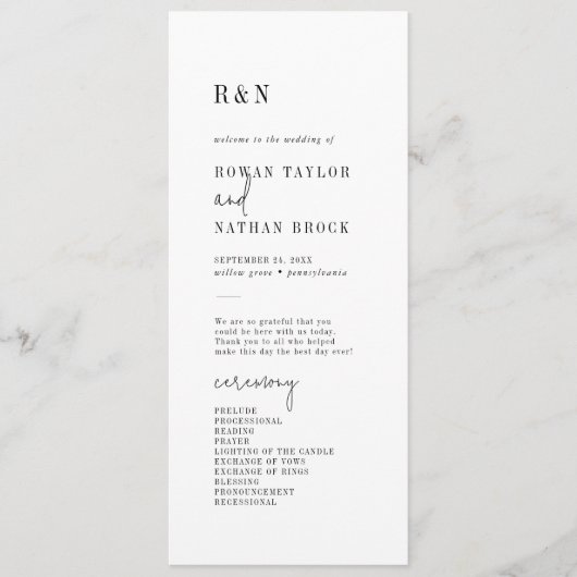 Modern chique zwart-wit flat bruiloft programma programmakaart (Voorkant)