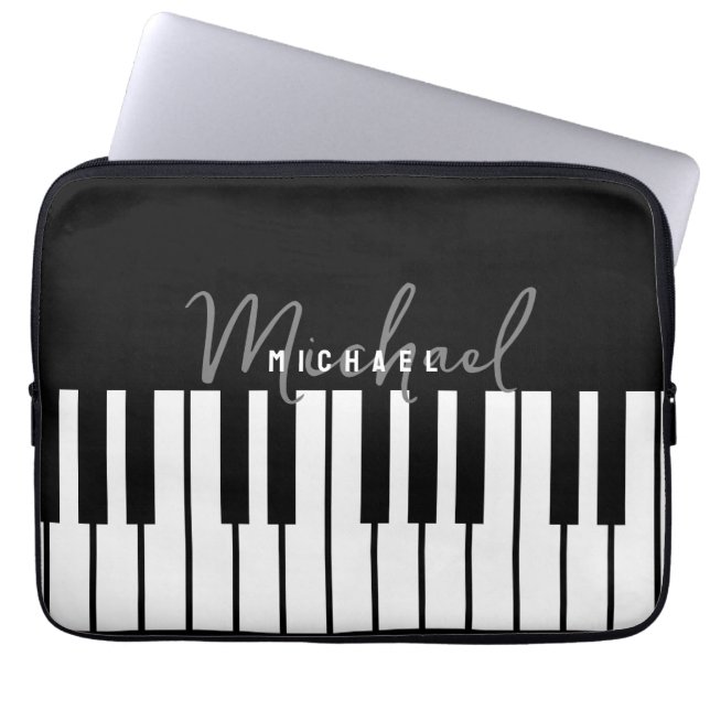 Modern chique zwart-wit pianotoetsenbord monogram laptop sleeve (Voorkant)