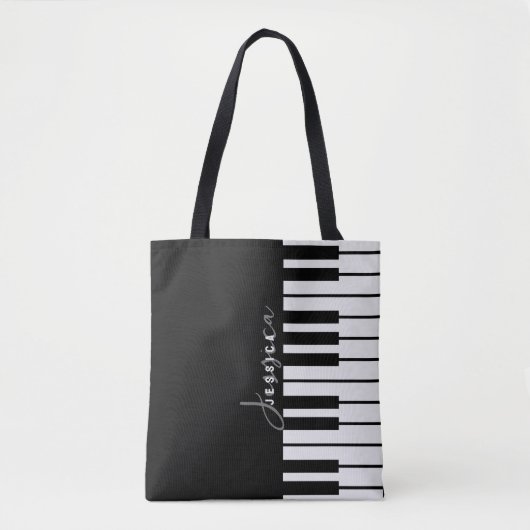Modern chique zwart-wit pianotoetsenbord monogram tote bag (Voorkant)