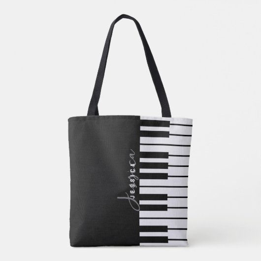 Modern chique zwart-wit pianotoetsenbord monogram tote bag (Achterkant)