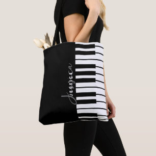 Modern chique zwart-wit pianotoetsenbord monogram tote bag