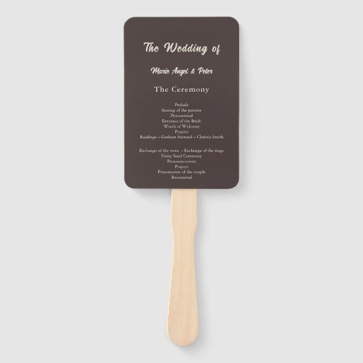 Modern Chocolade Bruin Ceremonie Huwelijksprogramm Handwaaier (Voorkant)