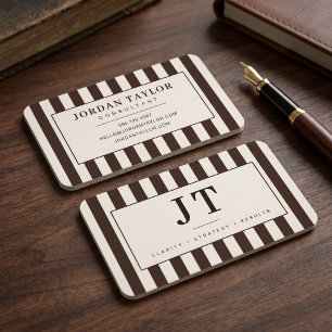 Modern Chocoladebruine Gestreepte Monogram Visitekaartje
