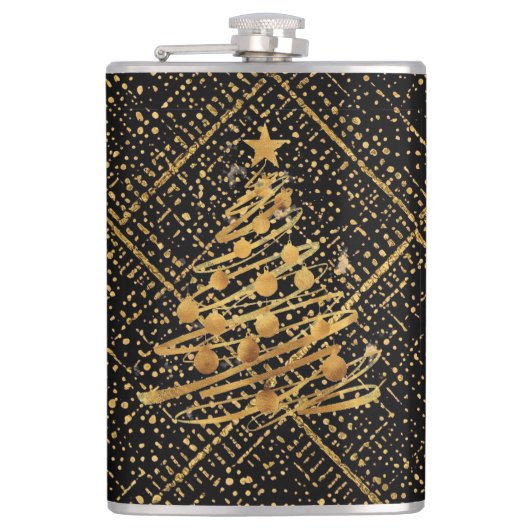 Modern, Chrismas Tree, Black Gold Cross Pattern  Heupfles (Voorkant)