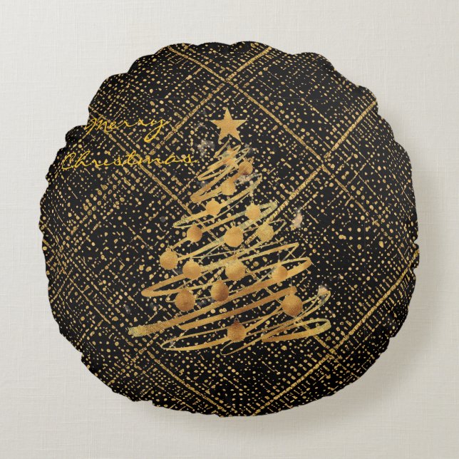 Modern, Chrismas Tree, Black Gold Cross Pattern  Rond Kussen (Voorkant)