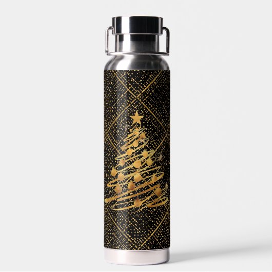 Modern, Chrismas Tree, Black Gold Cross Pattern Waterfles (Achterkant)