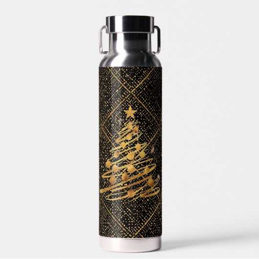 Modern, Chrismas Tree, Black Gold Cross Pattern Waterfles (Voorkant)