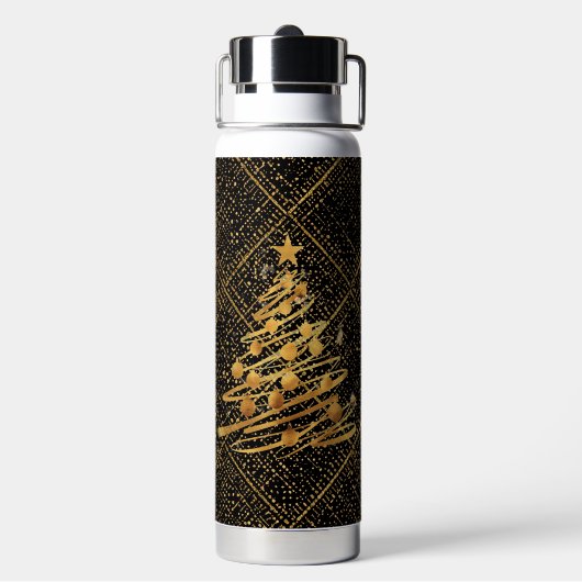 Modern, Chrismas Tree, Black Gold Cross Pattern Waterfles (Achterkant)