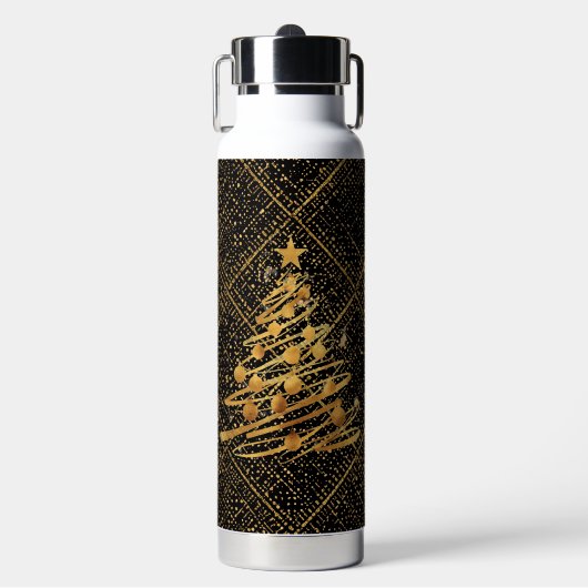 Modern, Chrismas Tree, Black Gold Cross Pattern Waterfles (Voorkant)