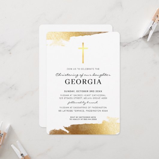 MODERN CHRISTENING gouden folie kruis eenvoudig Kaart (Voorkant / Achterkant in situ)
