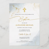 Modern Christian Blue Gold Cross Boy Baptism Folie Uitnodiging (Voorkant)