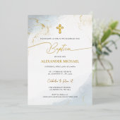 Modern Christian Blue Gold Cross Boy Baptism Folie Uitnodiging (Staand Voorkant)