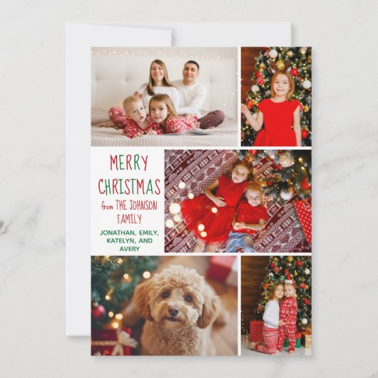 Modern Christmas 5 Photo Collage Rood Groen Script Feestdagenkaart (Voorkant)