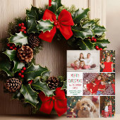 Modern Christmas 5 Photo Collage Rood Groen Script Feestdagenkaart