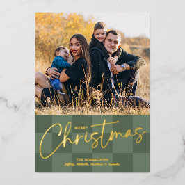 Modern Christmas Checkerboard Foil Photo Card Folie Feestdagenkaart