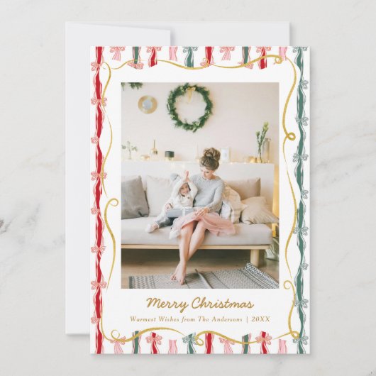 Modern Christmas Coquette Bow Pattern 1 Photo Feestdagenkaart (Voorkant)