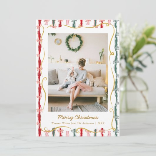 Modern Christmas Coquette Bow Pattern 1 Photo Feestdagenkaart (Staand voorkant)