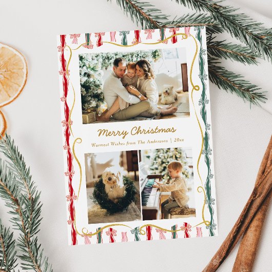 Modern Christmas Coquette Bow Pattern 3 Photo Feestdagenkaart