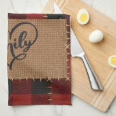 Modern Christmas Family Name Red Buffalo Plaid  Theedoek (Quarter Fold)