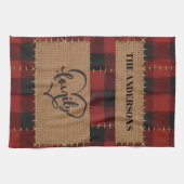 Modern Christmas Family Name Red Buffalo Plaid  Theedoek (Horizontaal)