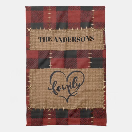 Modern Christmas Family Name Red Buffalo Plaid  Theedoek (Verticaal)