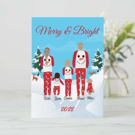 Modern Christmas Family of 5 Personalized Flat Feestdagenkaart (Staand voorkant)