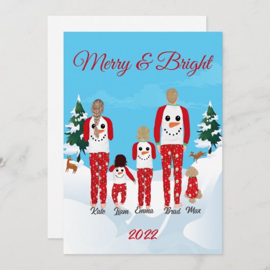 Modern Christmas Family of 5 Personalized Flat Feestdagenkaart (Voorkant / Achterkant)