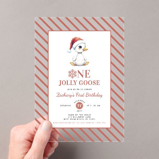 Modern Christmas First Birthday One Jolly Goose Acryl Uitnodigingen (Insitu (Draagbaar))