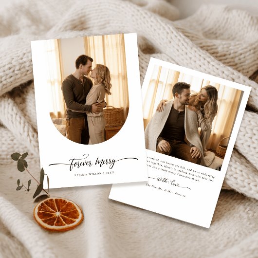 Modern Christmas Forever Merry Newlywed Arch Photo Feestdagenkaart