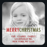 MODERN CHRISTMAS | HOLIDAIR FOTO-RETURINGADRES VIERKANTE STICKER<br><div class="desc">De moderne het adressticker van de de fotovakantie van de Kerstmis met rode en groene gewaagde tekstbekleding. ELKE CLARKE© Veelzijdig ontwerp met de woorden "Zachte Kerstmis" in rood en groen. Voeg uw afbeelding, jouw naam en adres, in een retro, eenvoudige typografische tekstdoopvont toe, en verzend naar familie en vrienden voor...</div>