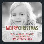 MODERN CHRISTMAS | HOLIDAIR FOTO-RETURINGADRES VIERKANTE STICKER<br><div class="desc">De moderne het adressticker van de de fotovakantie van de Kerstmis met rode en groene gewaagde tekstbekleding. ELKE CLARKE© Veelzijdig ontwerp met de woorden "Zachte Kerstmis" in rood en groen. Voeg uw afbeelding, jouw naam en adres, in een retro, eenvoudige typografische tekstdoopvont toe, en verzend naar familie en vrienden voor...</div>