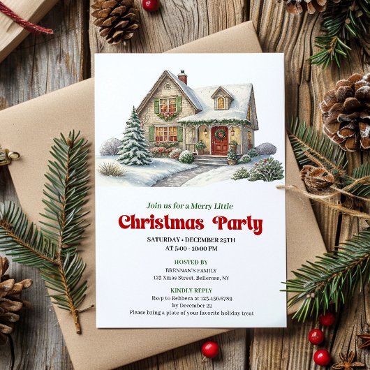 Modern christmas house invite red green minimal kaart