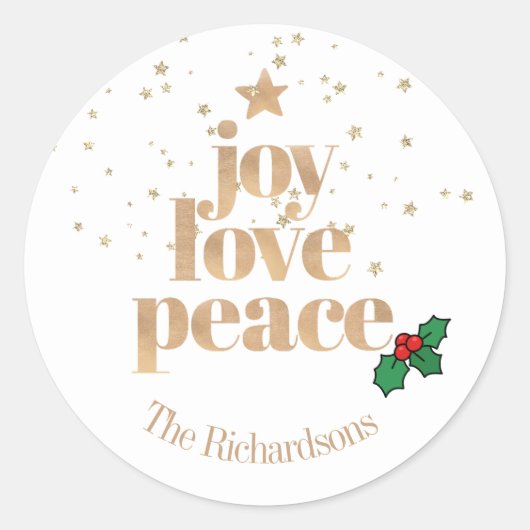 Modern Christmas "Joy, Love, Peace" Gold Classic R Ronde Sticker (Voorkant)
