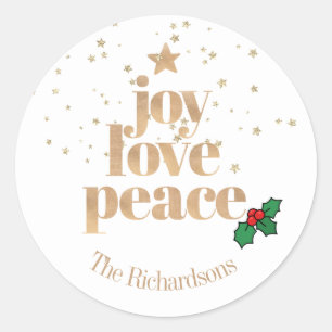 Modern Christmas "Joy, Love, Peace" Gold Classic R Ronde Sticker
