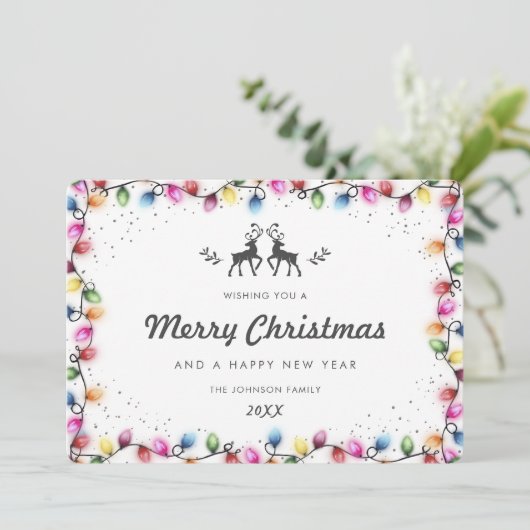 Modern Christmas Lights Reindeer Snow Feestdagenkaart (Staand voorkant)