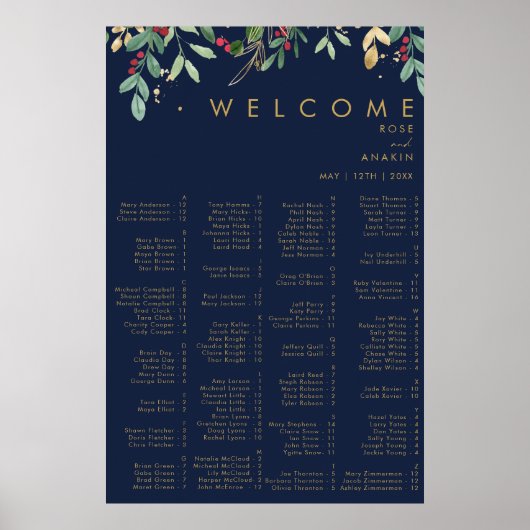 Modern Christmas | Navy Alphabetical Seating Poster (Voorkant)