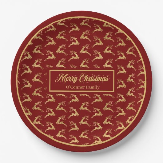 Modern Christmas Paper Plates Red & Gold Reindeer Papieren Bordje (Voorkant)