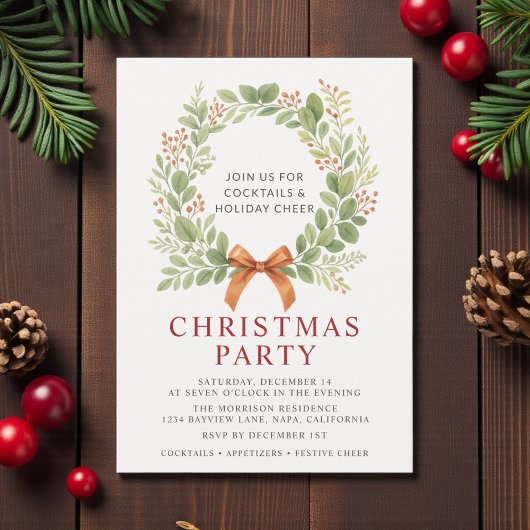 Modern Christmas Party Wreath Red Bow Invitation Feestdagenkaart