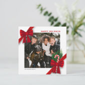 Modern Christmas Photo Card with Red Bows Feestdagenkaart (Staand voorkant)
