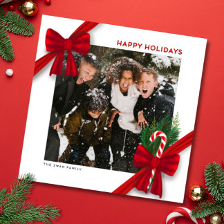 Modern Christmas Photo Card with Red Bows Feestdagenkaart