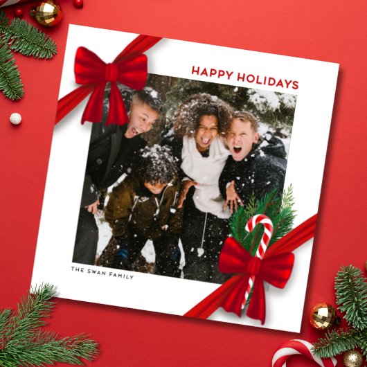 Modern Christmas Photo Card with Red Bows Feestdagenkaart