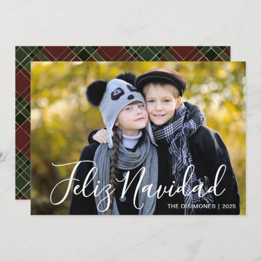 Modern Christmas Photo Feliz Navidad Plaid Feestdagenkaart (Voorkant / Achterkant)