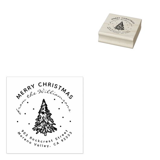 Modern Christmas Pine Tree familie retouradres Rubberstempel (Gestempeld)
