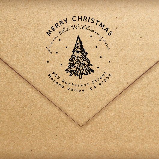 Modern Christmas Pine Tree familie retouradres Rubberstempel
