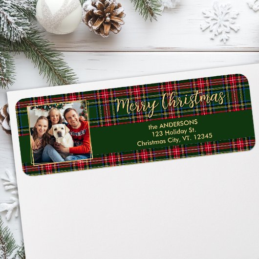 Modern Christmas Plaid Goud Foto Retouradres Etiket