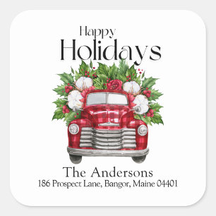 Modern Christmas Red Truck Retouradres Vierkante Sticker